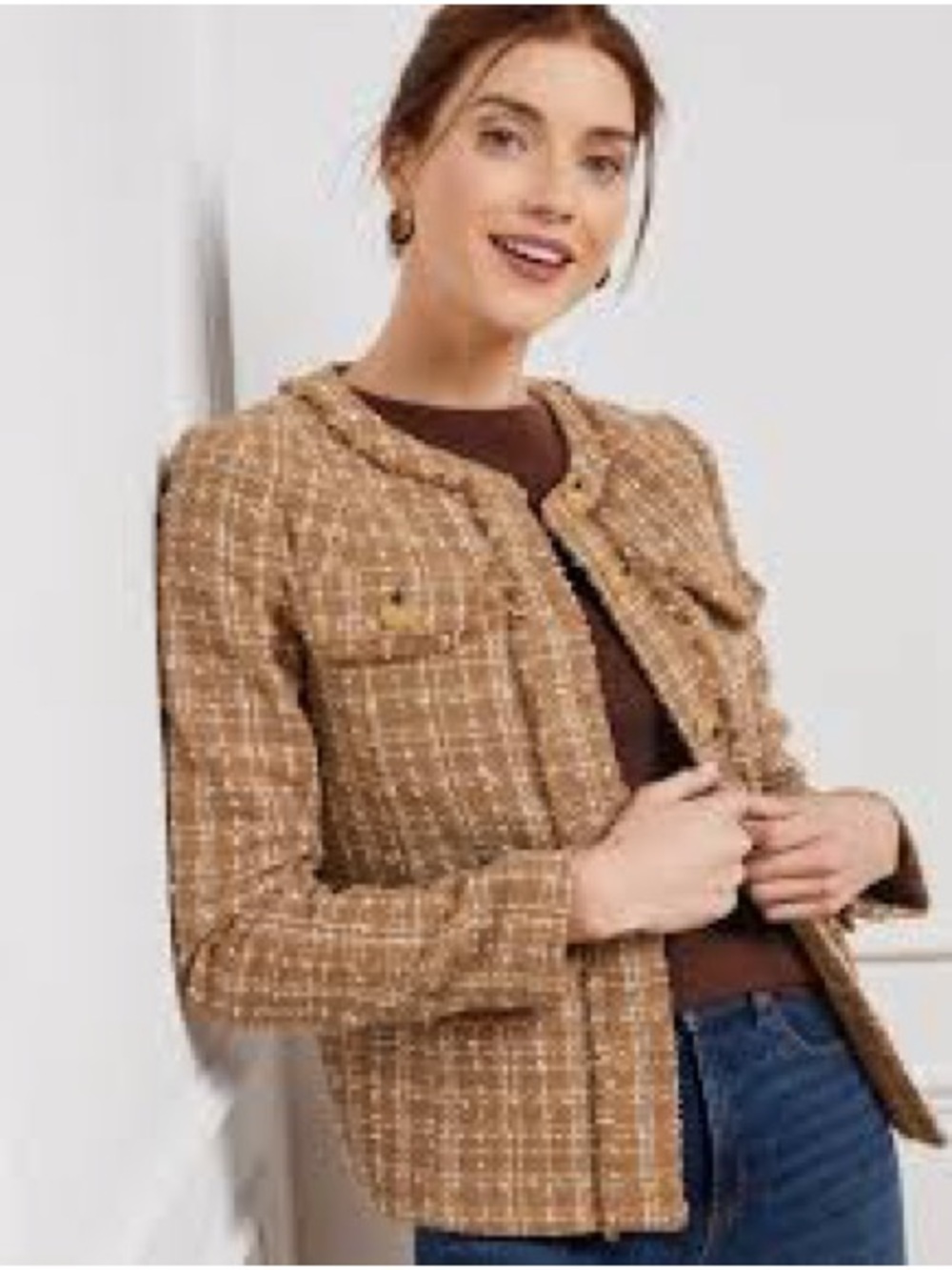 Talbots Tweed Fringe Jacket Womens 14 Brown Excellent Metallic Plaid